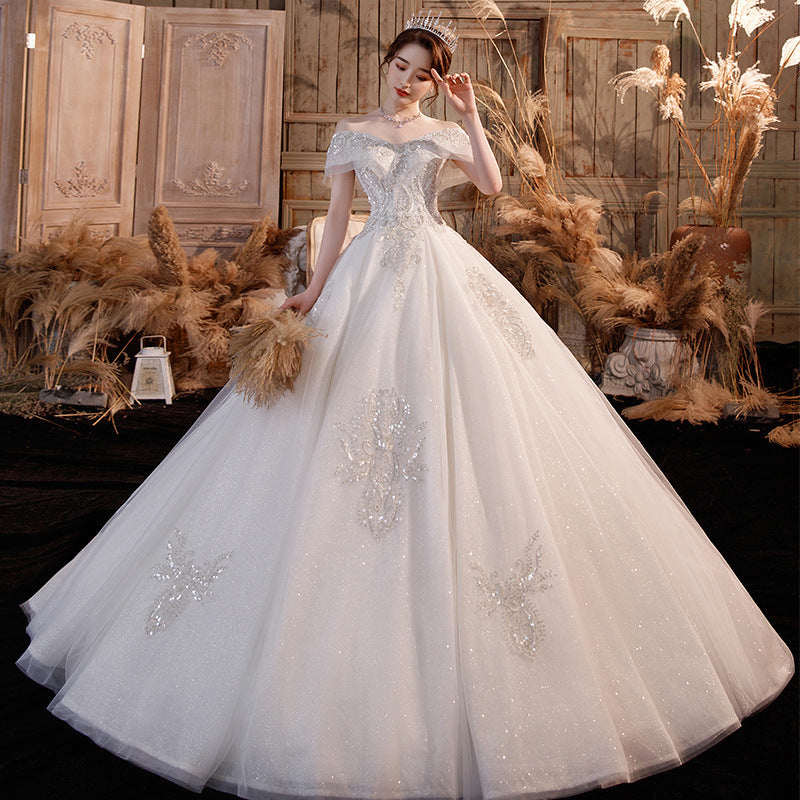 Krispfy.com Wedding Dress Trailing Heavy Industry One-shoulder Bridal Temperament Female Forest Super Fairy Dream Starry Sky Skirt
