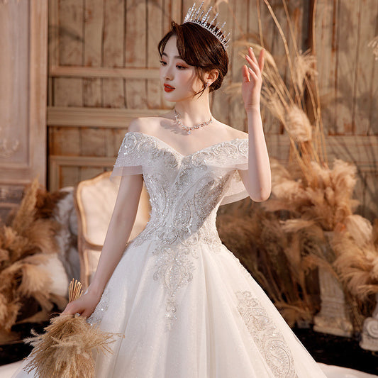 Krispfy.com Wedding Dress Trailing Heavy Industry One-shoulder Bridal Temperament Female Forest Super Fairy Dream Starry Sky Skirt