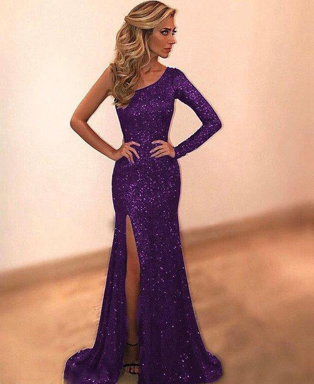 Krispfy.com Long Sleeve One Shoulder Bronzing Evenning Dress