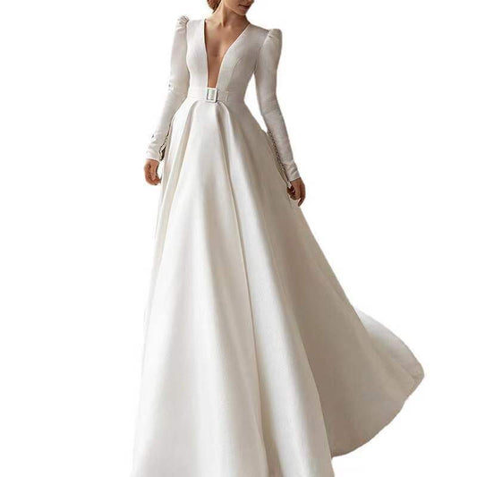 Krispfy.com - Ladies Style White Dress Satin Surface Was Thin And High French Temperament Dress Long Skirt