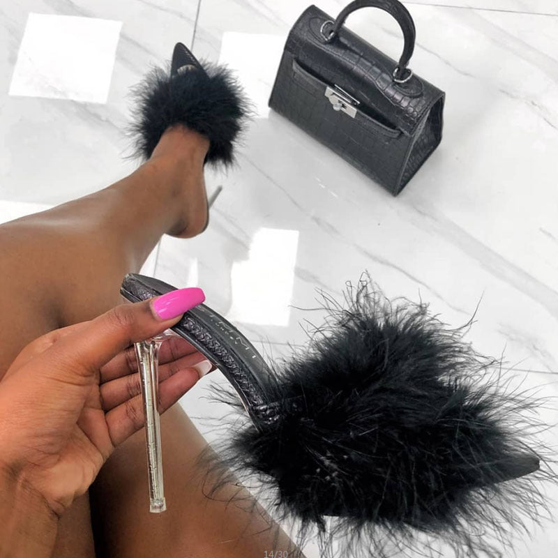 Krispfy Orignals USA - Woman Shoes I Transparent Crystal High Heels I  Woman Feather Fur Slippers