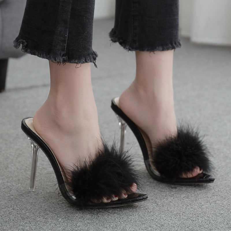 Krispfy Orignals USA - Woman Shoes I Transparent Crystal High Heels I  Woman Feather Fur Slippers