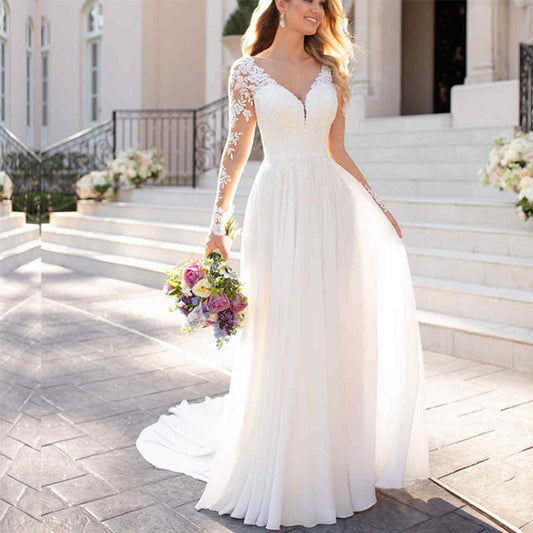 Krispfy.com - Sexy Backless Deep V-neck Wedding Dress Women White Evening Dress