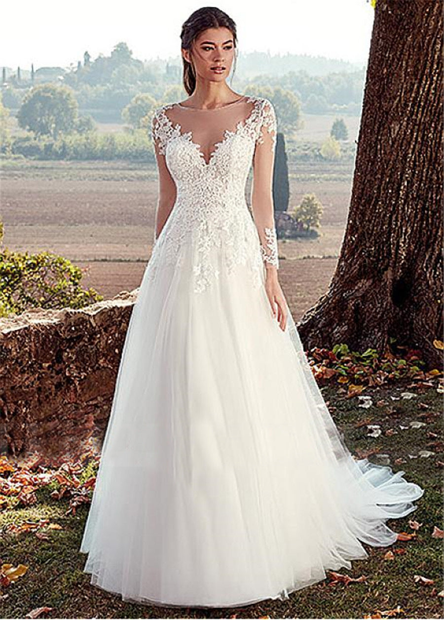 Krispfy.com High U-neck Lace Long Sleeve A- Line Long Tail Simple Wedding Dress