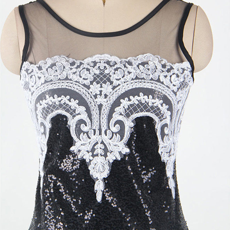 Krispfy.com Orignals Long Skirt Sexy Sleeveless I Sequin Mesh Stitching Banquet Evening Dress I Dew Backpack Hip Fishtail I Mopping Dress