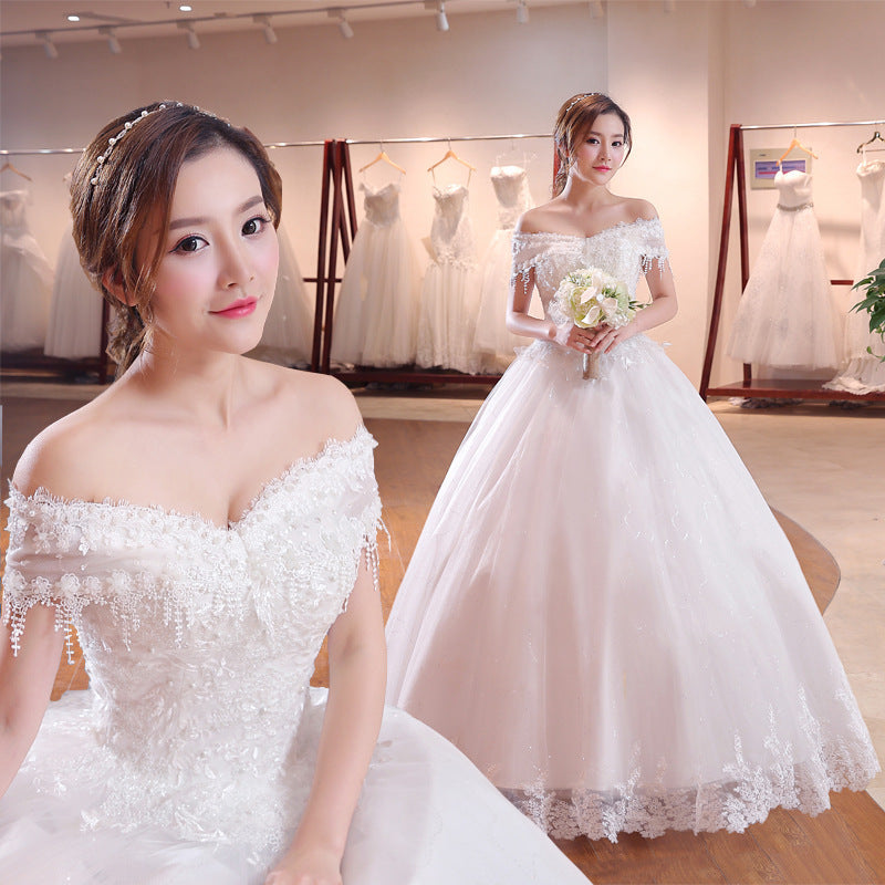 Krispfy.com Shoulder-To-Shoulder Wedding Dress Bridal Lace Plus Size Thin Shoulder Wedding Dress