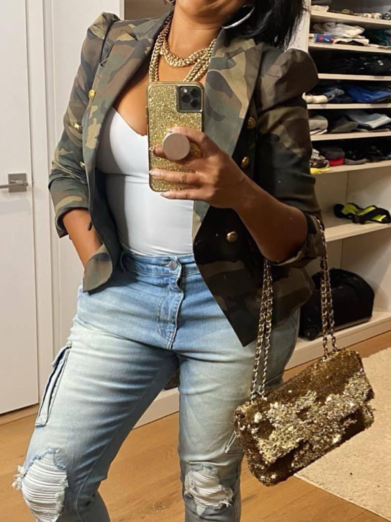 Elegant Women's Camo Print Jacket - Chic Double-Breasted, Long Sleeve Outerwear With Flap Pockets, Polyester, Perfect For Spring-Fall, Cute Jacket