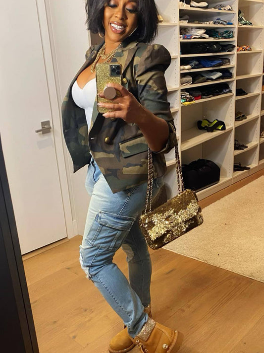 Elegant Women's Camo Print Jacket - Chic Double-Breasted, Long Sleeve Outerwear With Flap Pockets, Polyester, Perfect For Spring-Fall, Cute Jacket