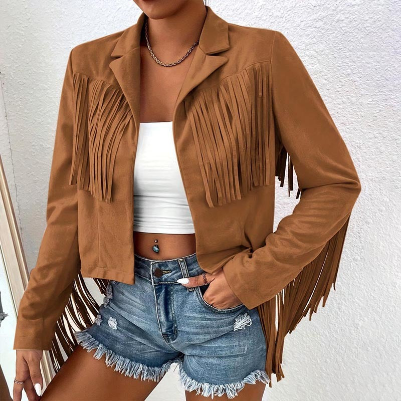 Women's Solid Color Fashion Lapel Loose Fit Fringe Long Sleeve Jacket - Stylish Tassel Detail On Chest & Sleeves For Fall&Winter Casual Wear