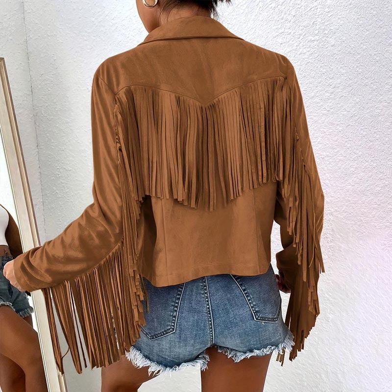 Women's Solid Color Fashion Lapel Loose Fit Fringe Long Sleeve Jacket - Stylish Tassel Detail On Chest & Sleeves For Fall&Winter Casual Wear