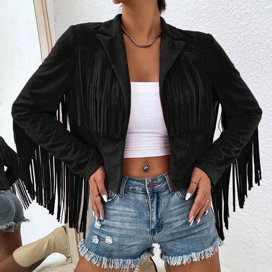 Women's Solid Color Fashion Lapel Loose Fit Fringe Long Sleeve Jacket - Stylish Tassel Detail On Chest & Sleeves For Fall&Winter Casual Wear