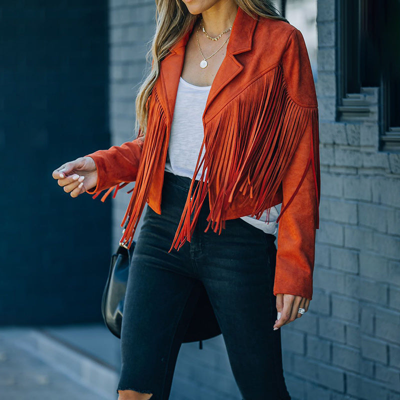 Women's Notched Collar Open-Front Fringed Jacket Casual Faux Suede Tassel Motorcycle Cropped Jacket