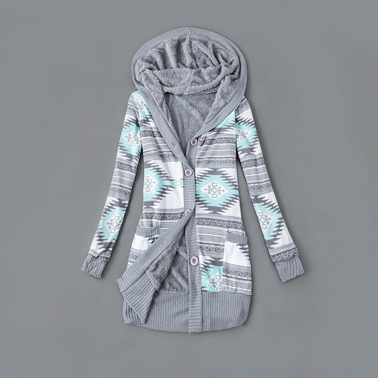Autumn And Winter Jacket Printed Hooded Wool Liner Knit Midi Length
