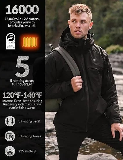 Heated Jacket, Ski Jacket Coat, With 12V 16000mAh Battery Pack, 5 Areas Heating Thicken Men Winter Coat