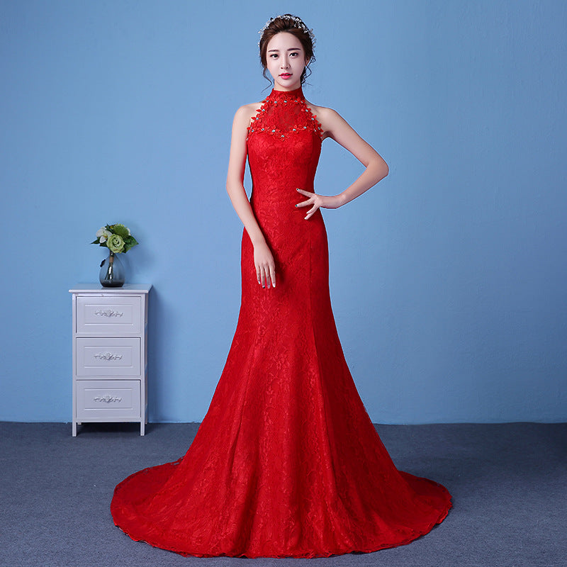 Krispfy.com Big Red Wedding Dress Bride Large Size Waist Fishtail Wedding Dress Fishtail Tail Korean Hanging Neck