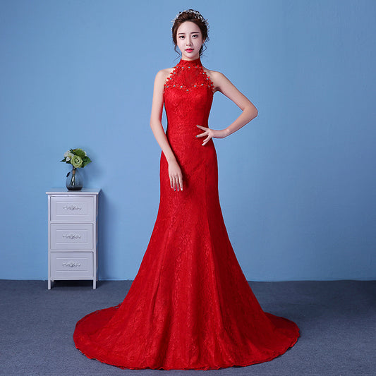 Krispfy.com Big Red Wedding Dress Bride Large Size Waist Fishtail Wedding Dress Fishtail Tail Korean Hanging Neck