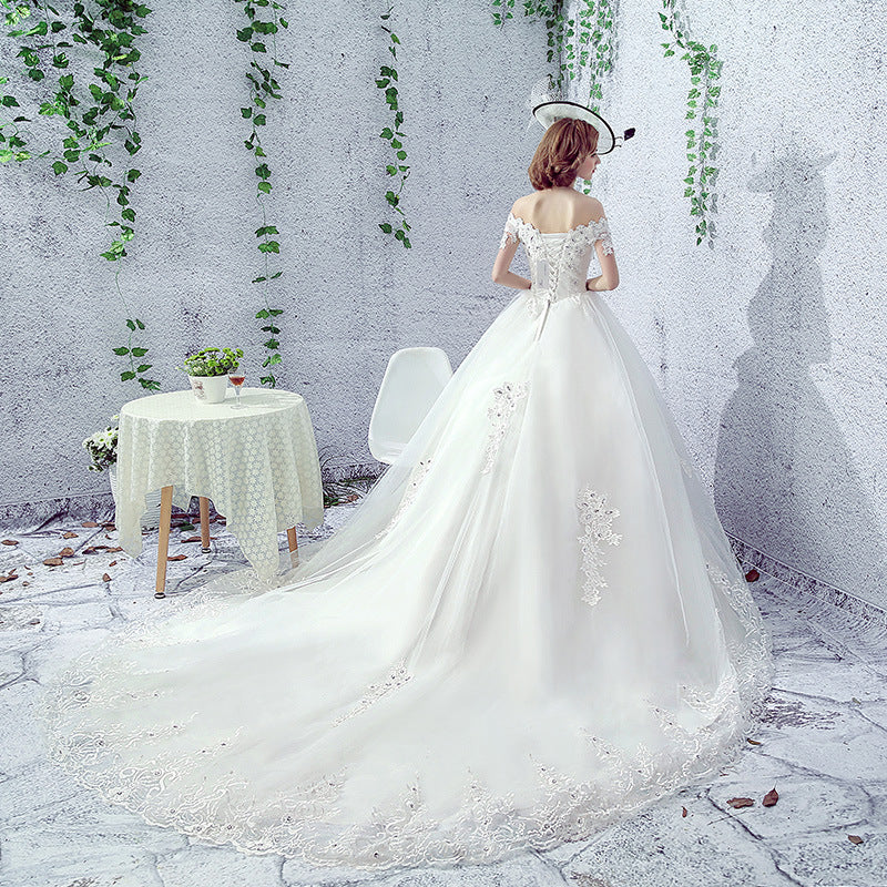 Krispfy.com Wedding Dress Bride One-shoulder Trailing French Veil Hepburn Female
