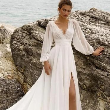 Krispfy.com European & American High Waist Plus Size Deep V Long Sleeve Mopping Backless Wedding Dress High Slit