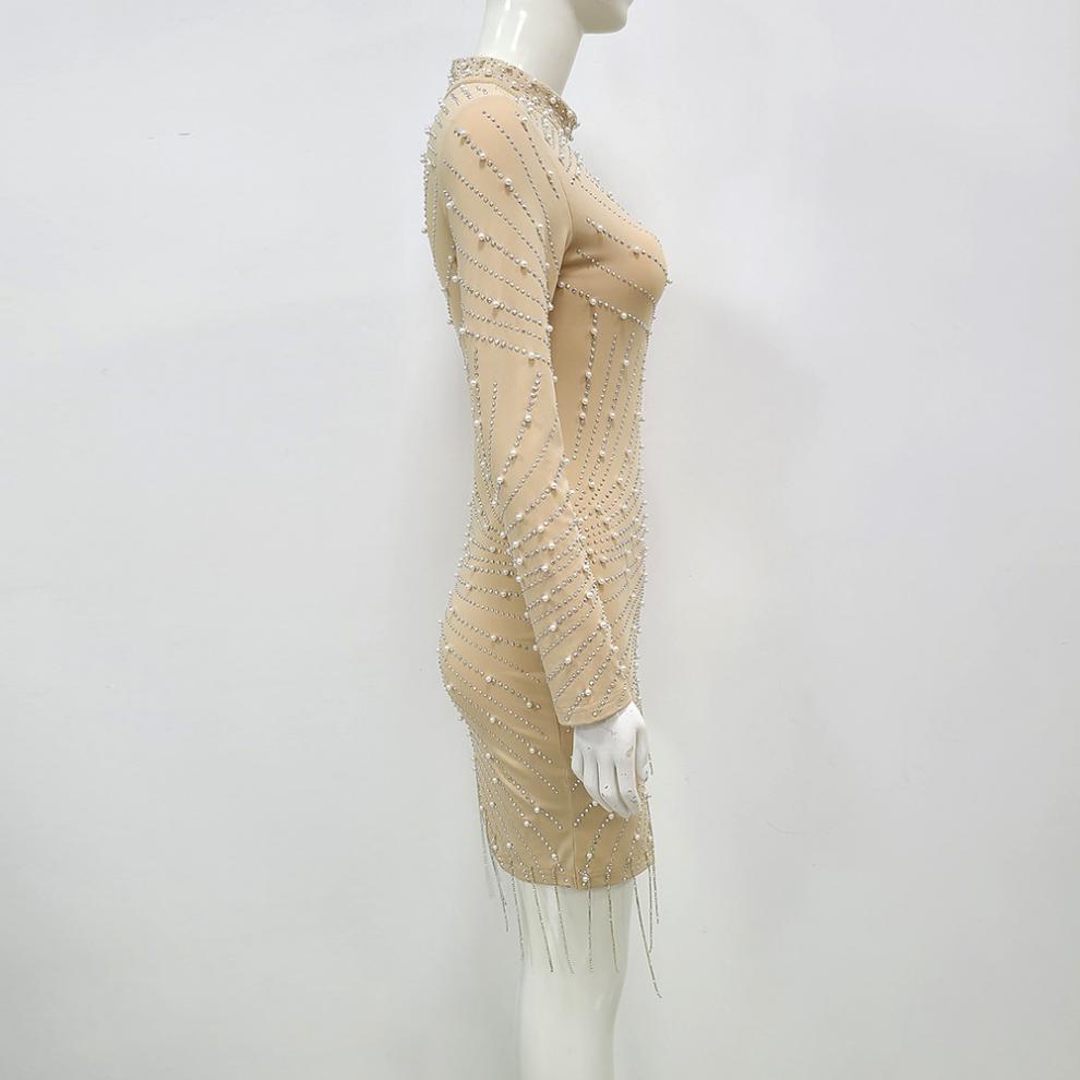 Krispfy.com Pearl Rhinestone Stretch Side Seam Tassel Short Dress