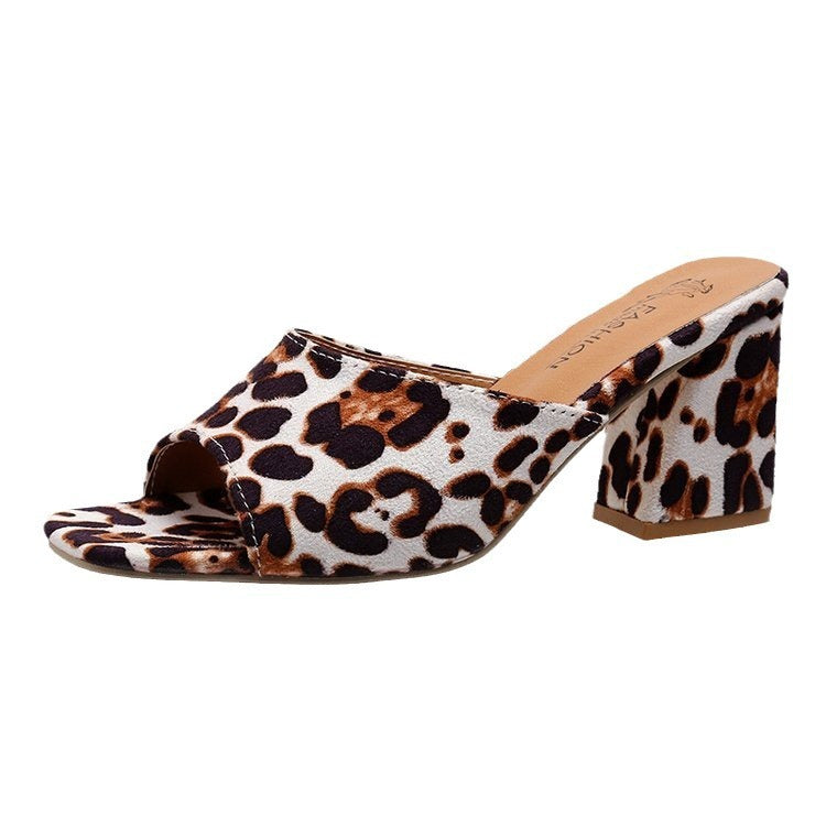 Krispfy Orignals USA - Leopard Square Toe Sandals Summer High - Heeled Slippers I Chunky Heel Shoes For Women