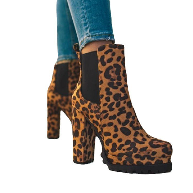 Krispfy Orignals USA - Round- Toe Ankle Boots I Solid Leopard Print High Heel Shoes  - Chicago Edition
