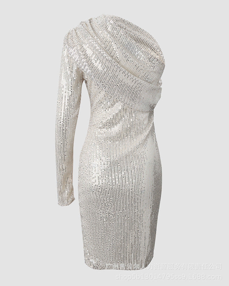 Krispfy.com Silver One Shoulder Sequin Formal Dress