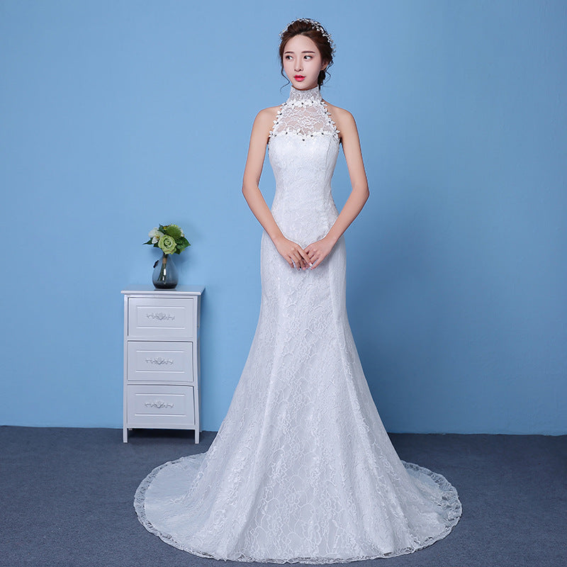 Krispfy.com Big Red Wedding Dress Bride Large Size Waist Fishtail Wedding Dress Fishtail Tail Korean Hanging Neck
