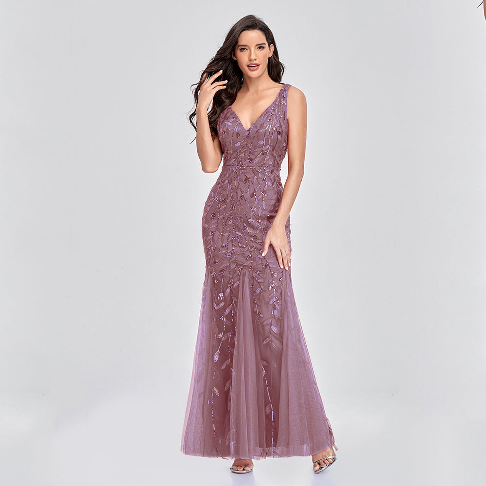 Krispfy.com - Sexy Long Dress Sleeveless V-neck Embroidered Mermaid Dress