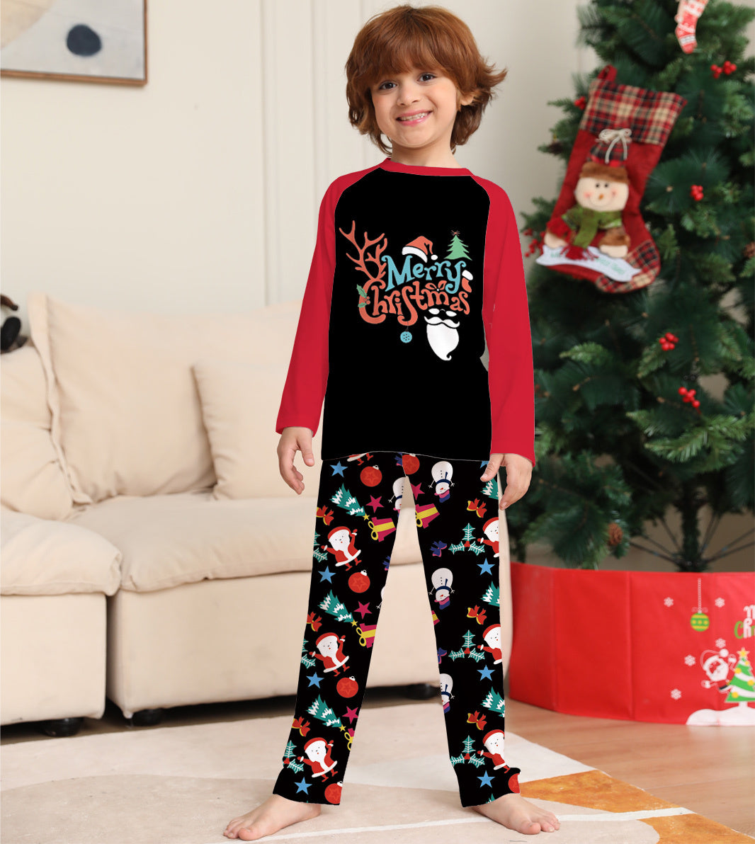 Cartoon Printed Round Neck Long Sleeve Holiday Pajamas Parent-child Suit