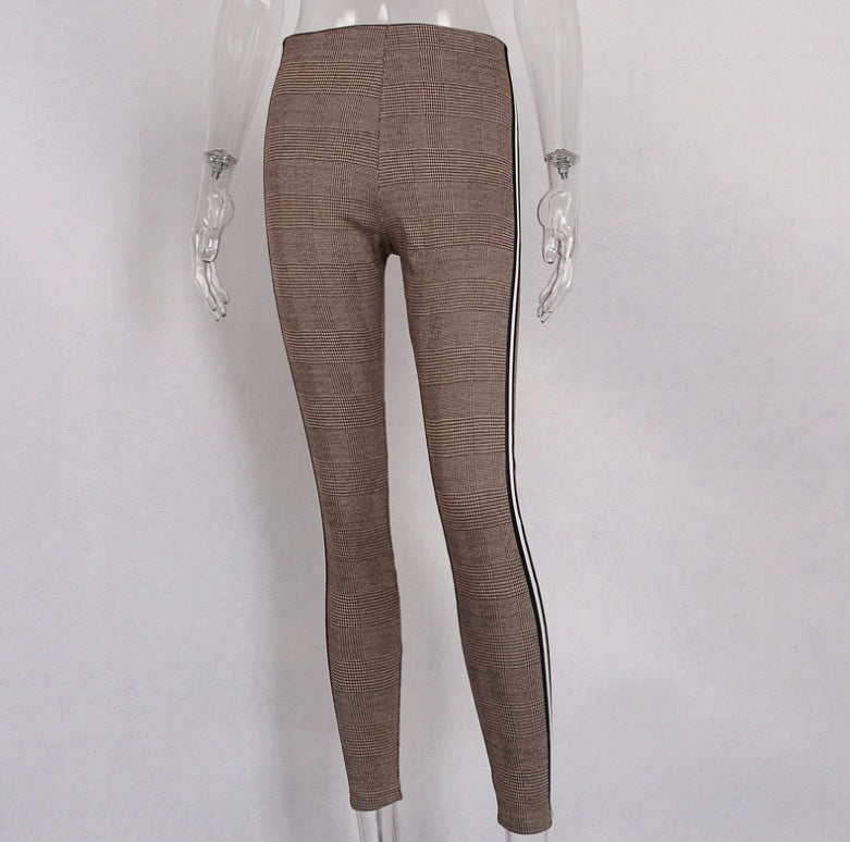 Krispfy.com European and American street sports and leisure pants women AHoundstooth Ribbon high waist tight stretch pants