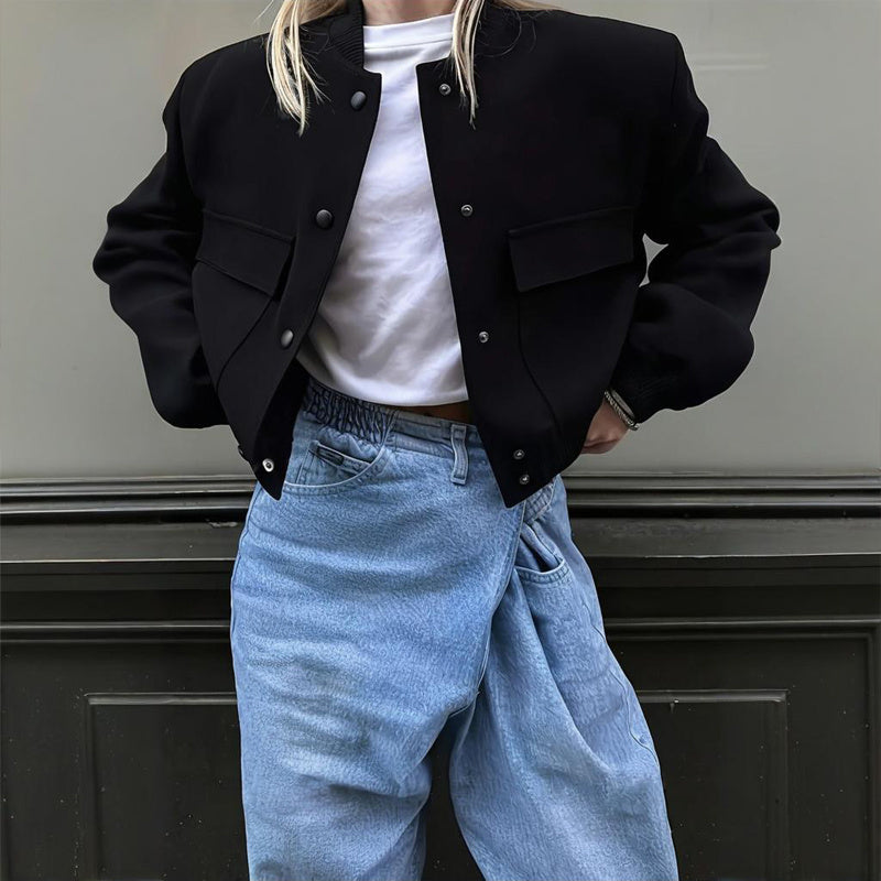 Women's Solid Color Long Sleeve Baseball Jacket With Button Front & Pockets - Casual Short Jacket For Spring&Fall