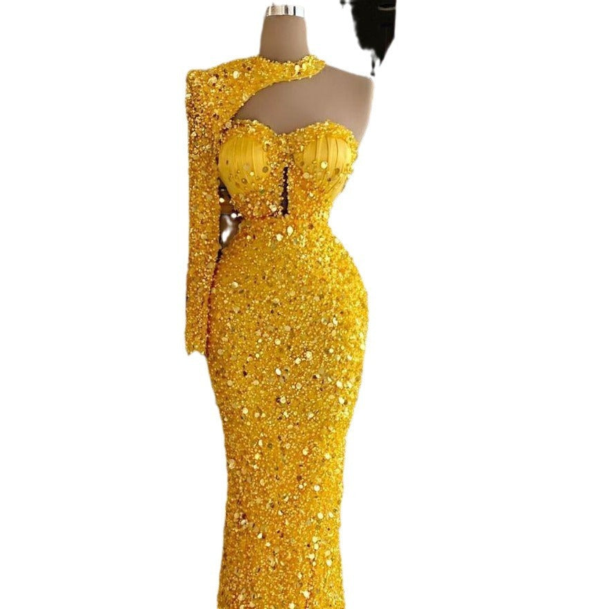 Krispfy.com Sequined Pearl Embroidery Lace I Single Sleeve Dress