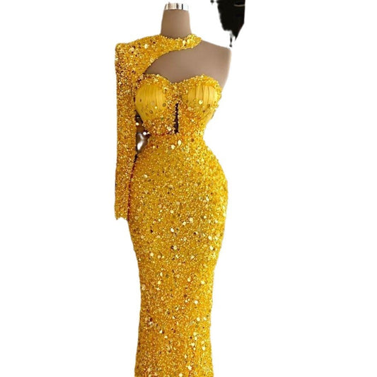 Krispfy.com Sequined Pearl Embroidery Lace I Single Sleeve Dress