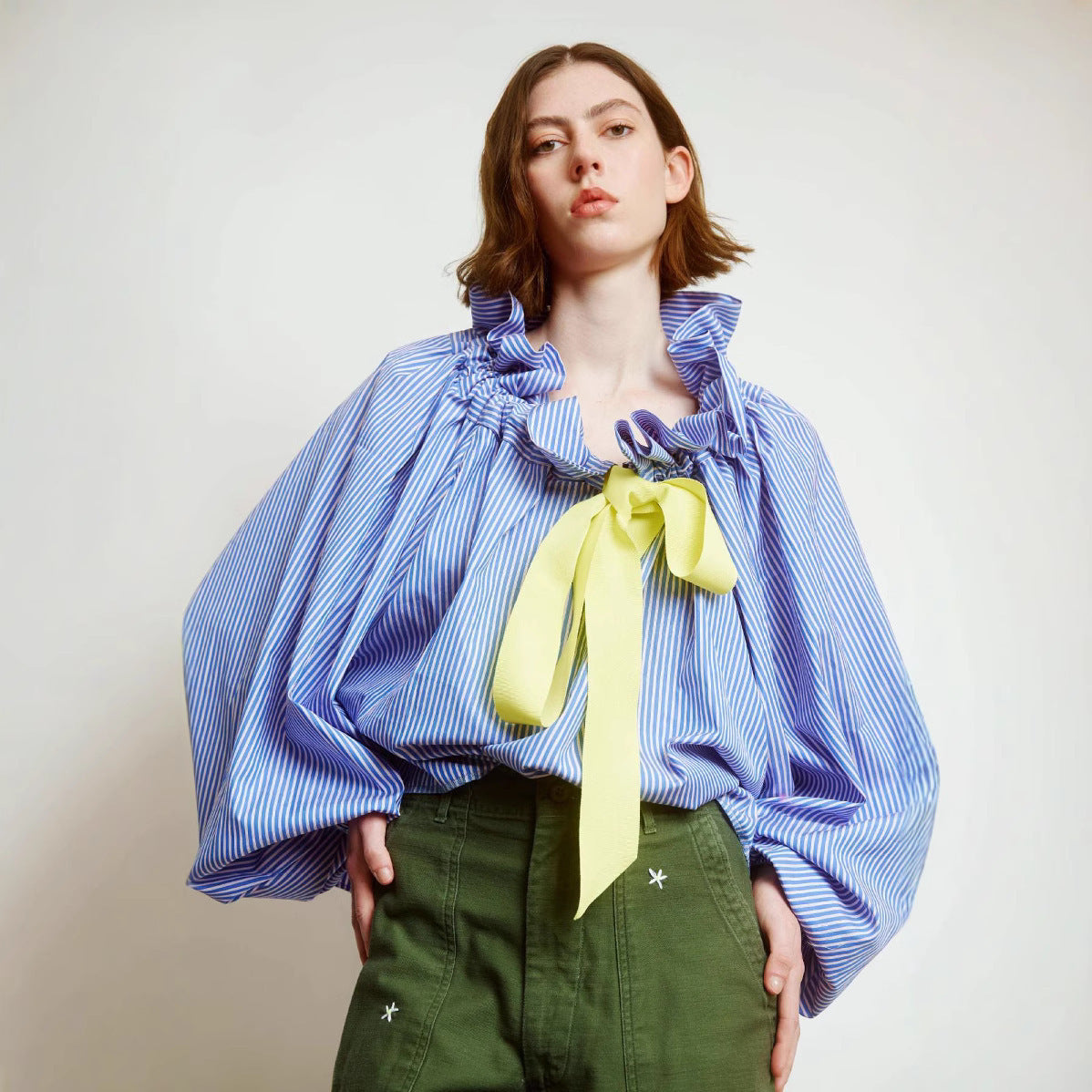 Women's Contrast Color Striped Shirt Lace-up Top