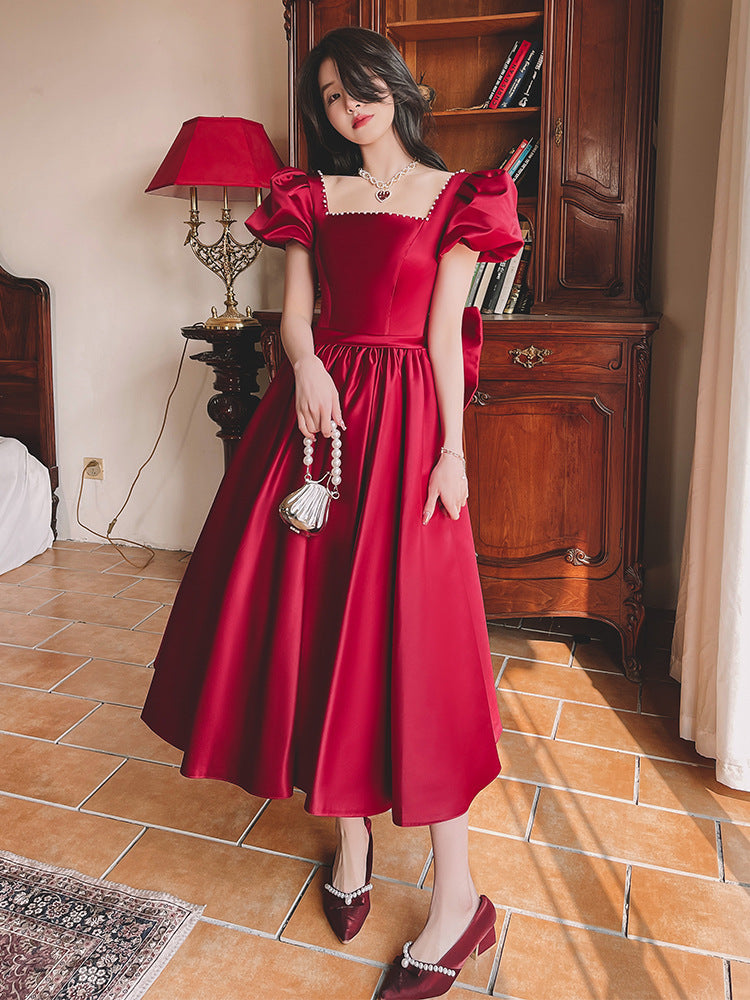 Krispfy.com Winter Wine Red Engagement I French Princess Dress I Satin Dress