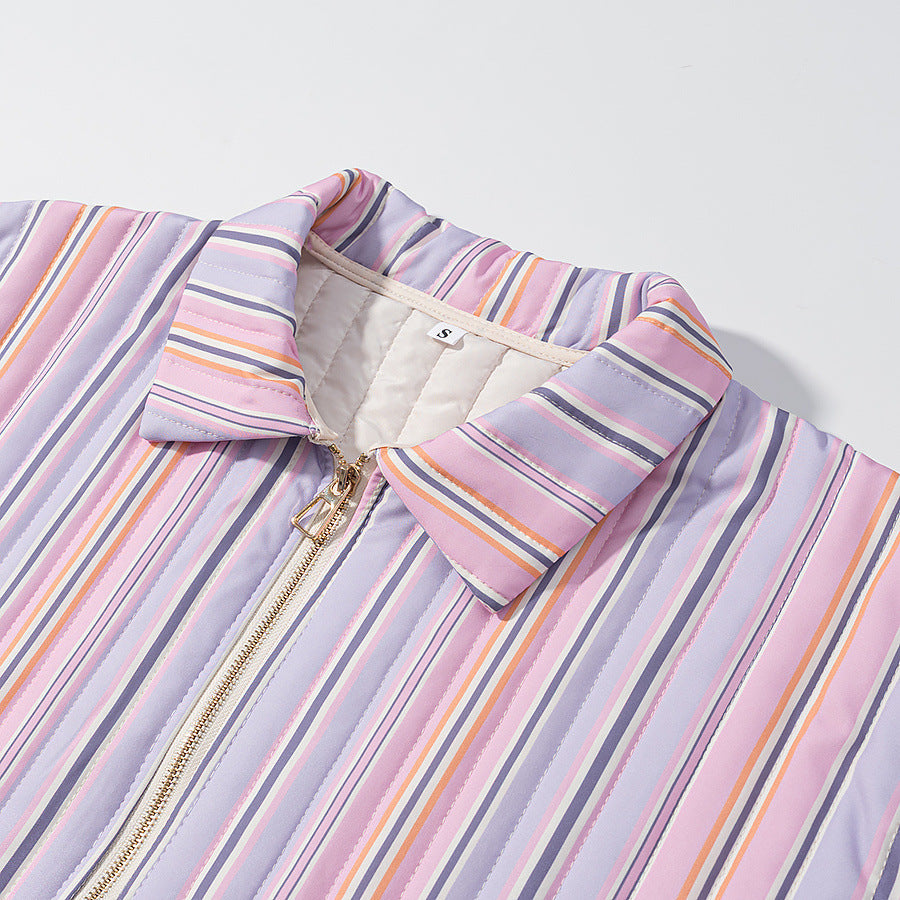 Women's Long-sleeved Polo Collar Stripes Cotton-padded Coat