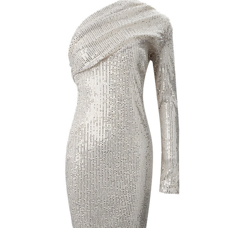 Krispfy.com Silver One Shoulder Sequin Formal Dress