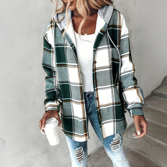 Women's Plaid Hoodie Long Sleeve Jacket Button Drawstring Casual Fall Shirts Shacket With Pocket