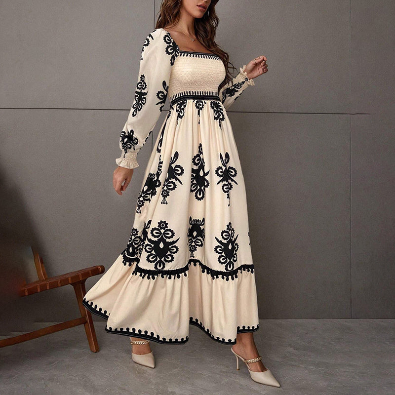 Elegant Women's Retro Geometric Print Lantern Sleeve Dress - Square Neck A-Line With Elastic Cuffs, Casual & Formal Dress