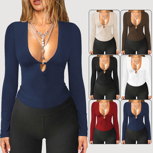 Deep V-neck Hollow Y2g Hot Girl Fashion Elegant Slim-fit Long Sleeve