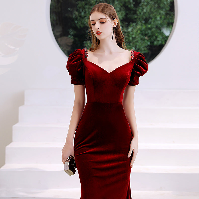 Krispfy.com Wine Red Fishtail Evening Dress Woman