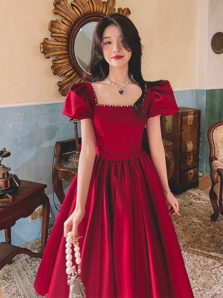 Krispfy.com Winter Wine Red Engagement I French Princess Dress I Satin Dress