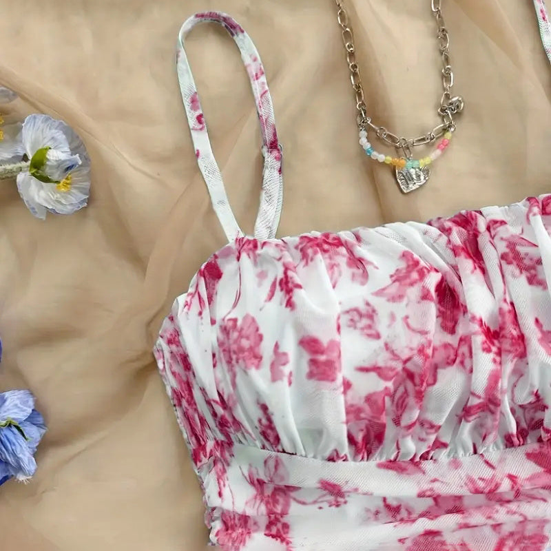 Women's Boho Floral Print Mini Dress Spaghetti Strap Ruched Ruffle Hem Vacation Sundresses