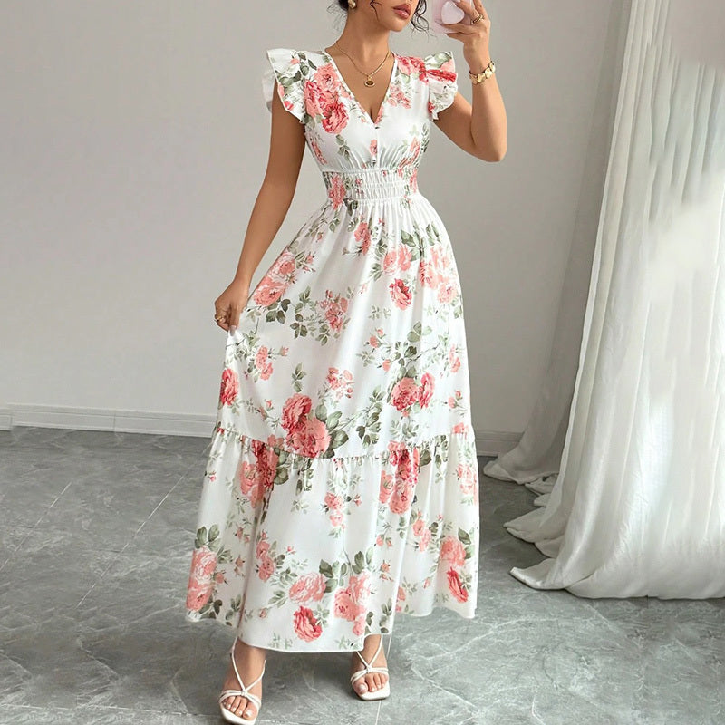 Womens Casual Summer Maxi Dress Flutter Short Sleeve V Neck Smocked A Line Flowy Beach Vacation Long Dresses