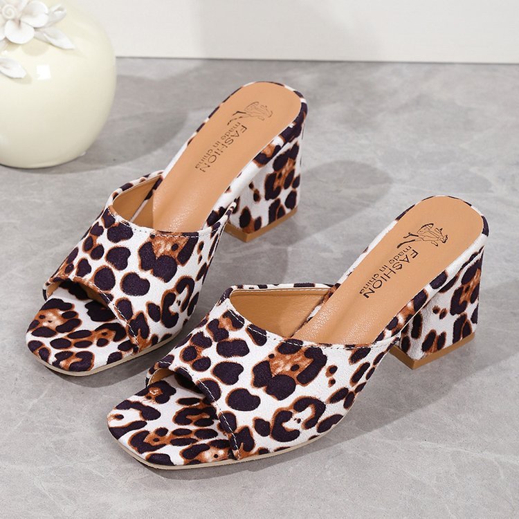 Krispfy Orignals USA - Leopard Square Toe Sandals Summer High - Heeled Slippers I Chunky Heel Shoes For Women