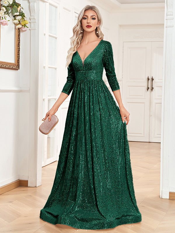 Krispfy.com Sequined Fall V-neck High Waist Party Formal Dress