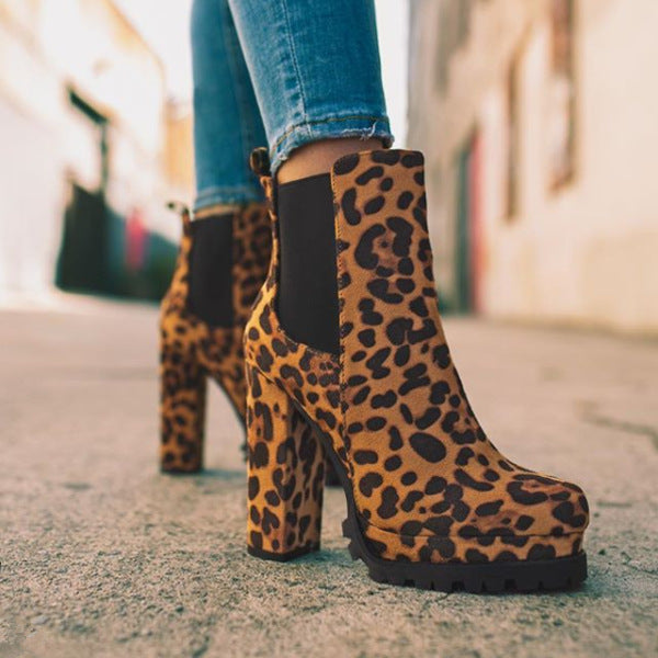 Krispfy Orignals USA - Round- Toe Ankle Boots I Solid Leopard Print High Heel Shoes  - Chicago Edition