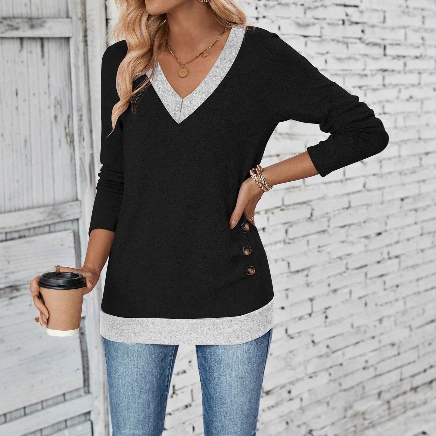 Long Sleeve V-neck Elegant Pleated Button Solid Color T-shirt Top