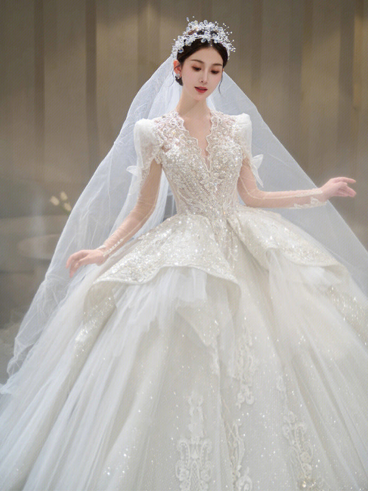 Krispfy.com Long Sleeve Trailing French Retro Bridal Dress
