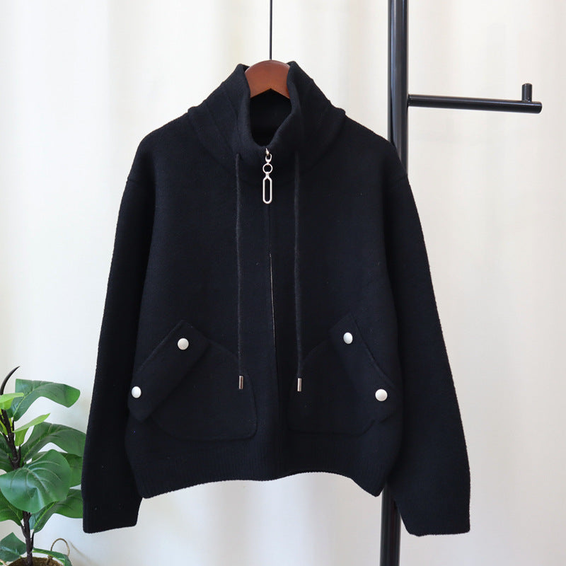 Loose Versatile Zipper Knitted Double-faced Woolen Goods Solid Color Coat For Women